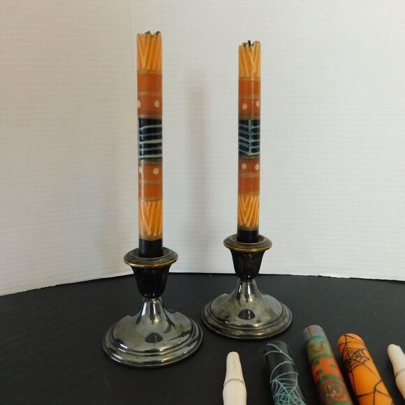 Halloween Candle Lot of 9 with Vintage Pilgrim Silverplate Candlesticks Holders - Picture 4 of 16